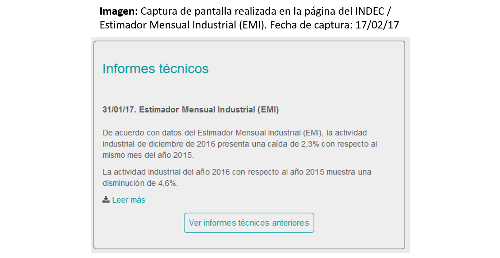 Página del INDEC al 17/02/2017: el Estimador Mensual Industrial de diciembre de 2016 cae 2,3% interanual