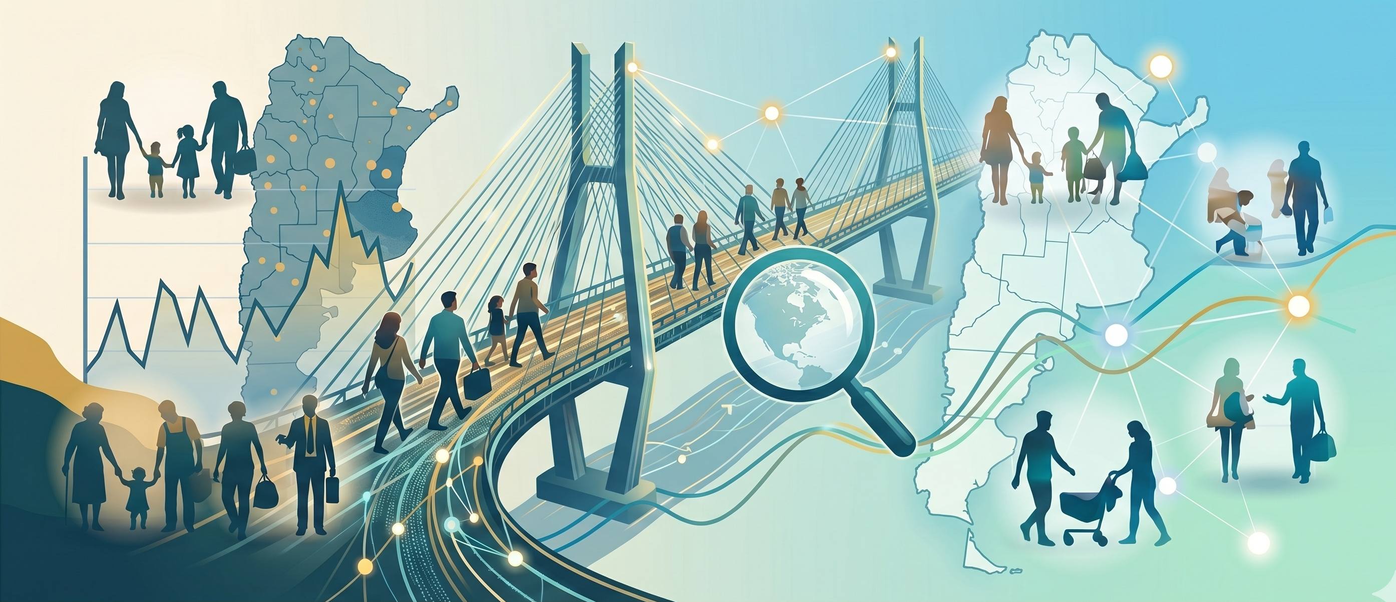 Ilustración: personas cruzan un puente que une dos mapas de la Argentina, entre gráficos de líneas y una lupa sobre el mundo