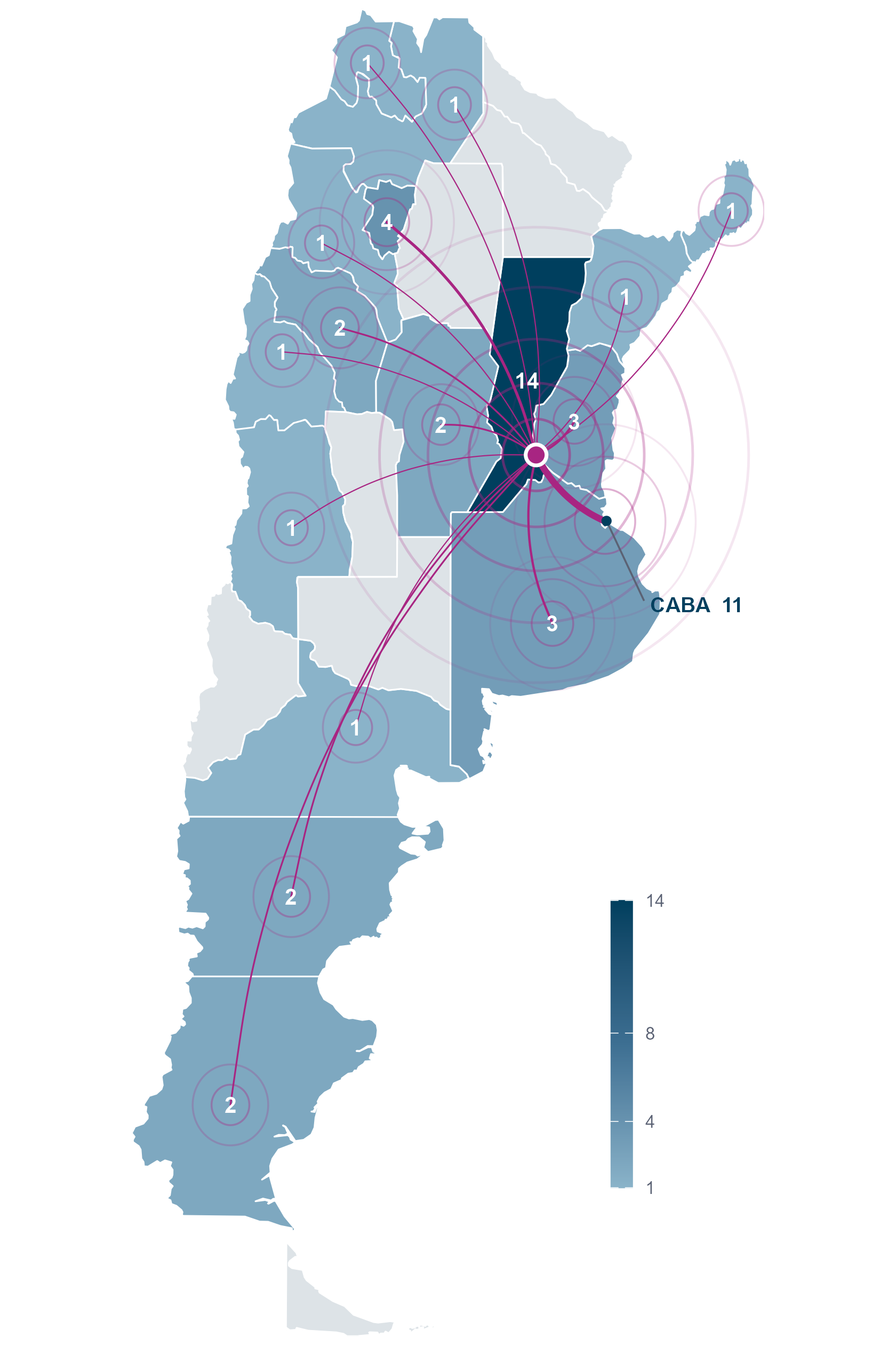 Mapa de la Argentina con la cantidad de medios que cubrieron el informe de informalidad laboral, por provincia