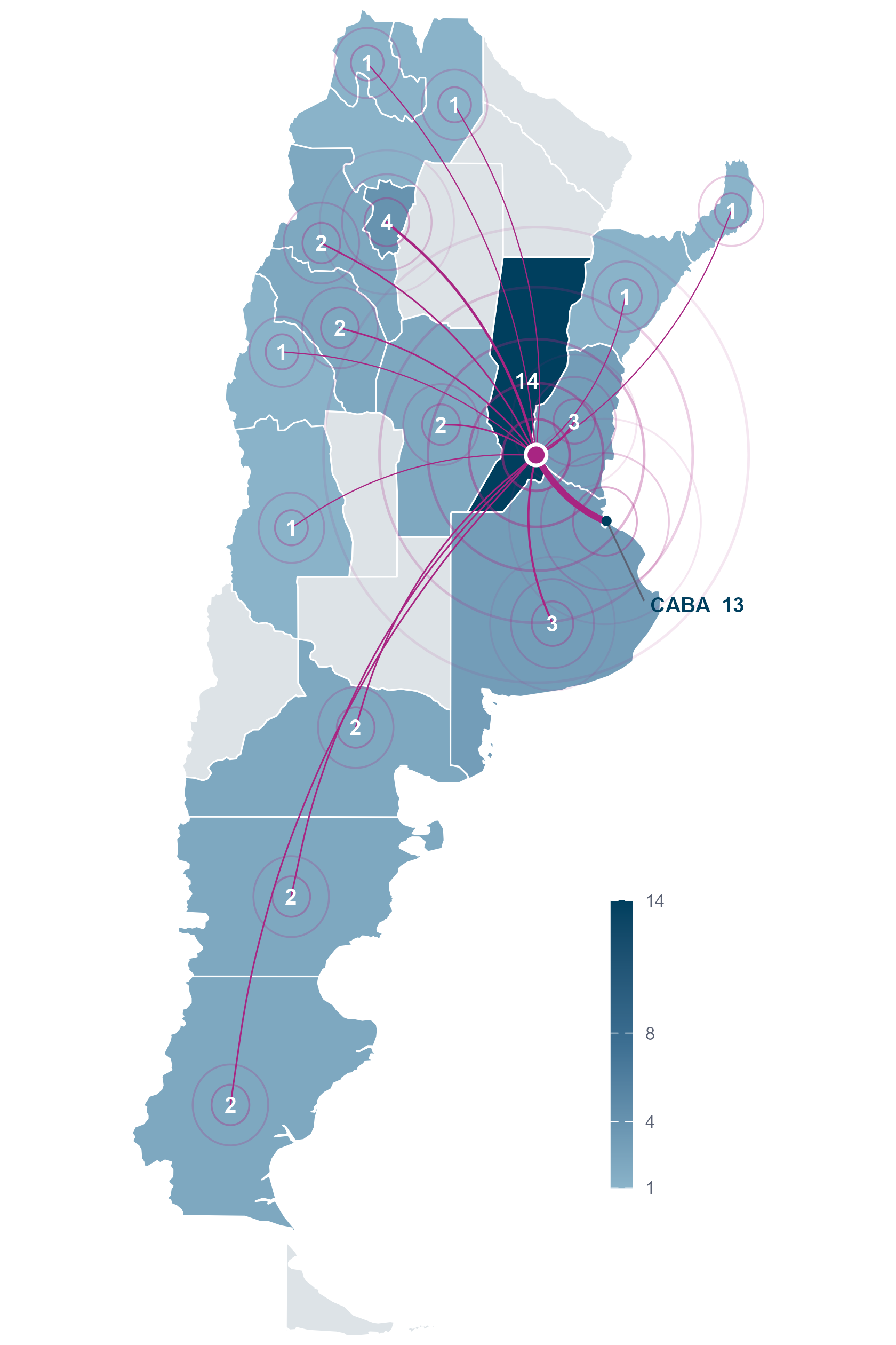 Mapa de la Argentina con la cantidad de medios que cubrieron el informe de informalidad laboral, por provincia