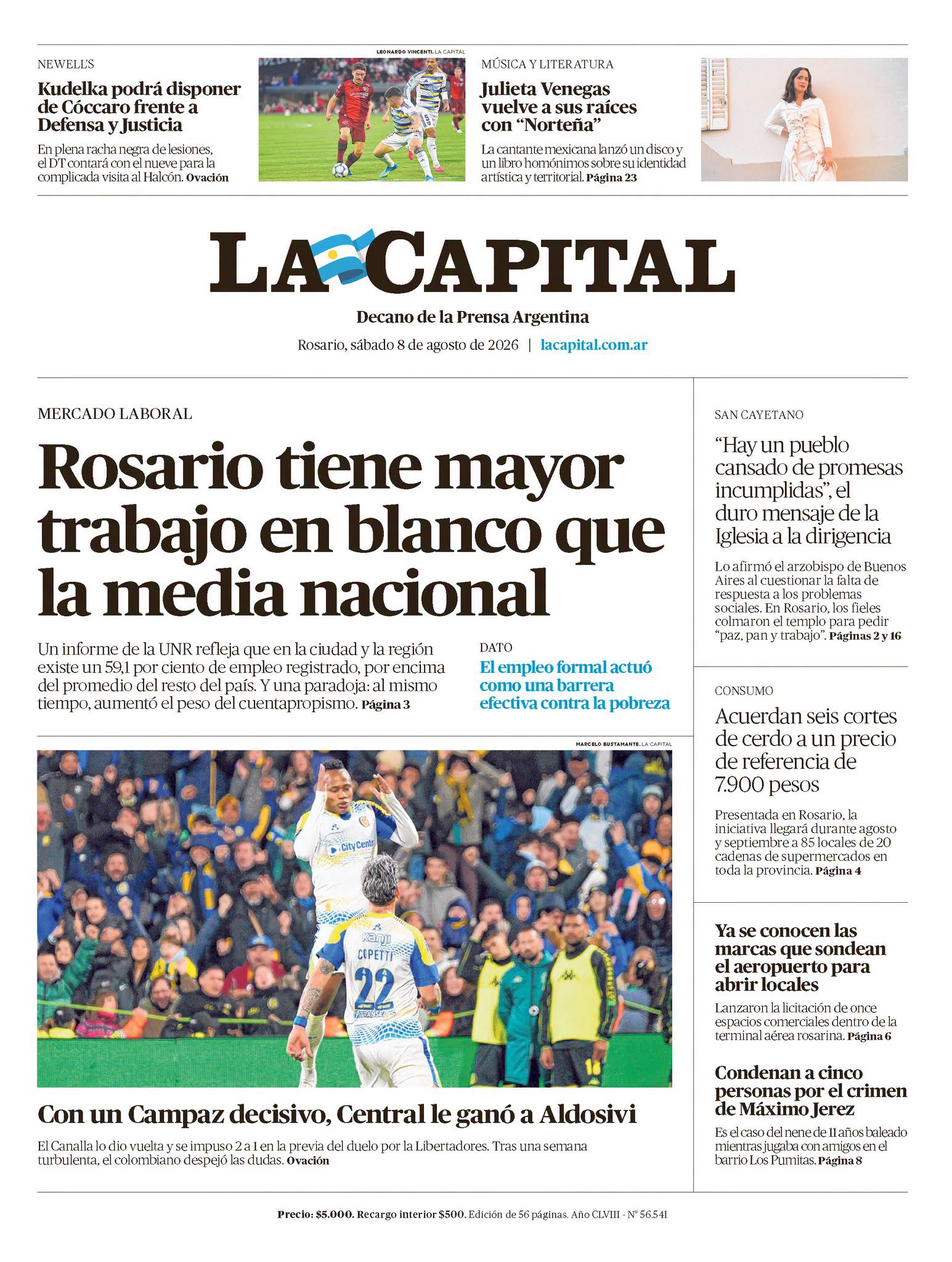 Tapa del diario La Capital del sábado 8 de agosto de 2026, con el informe de formalidad laboral del Observatorio como nota principal